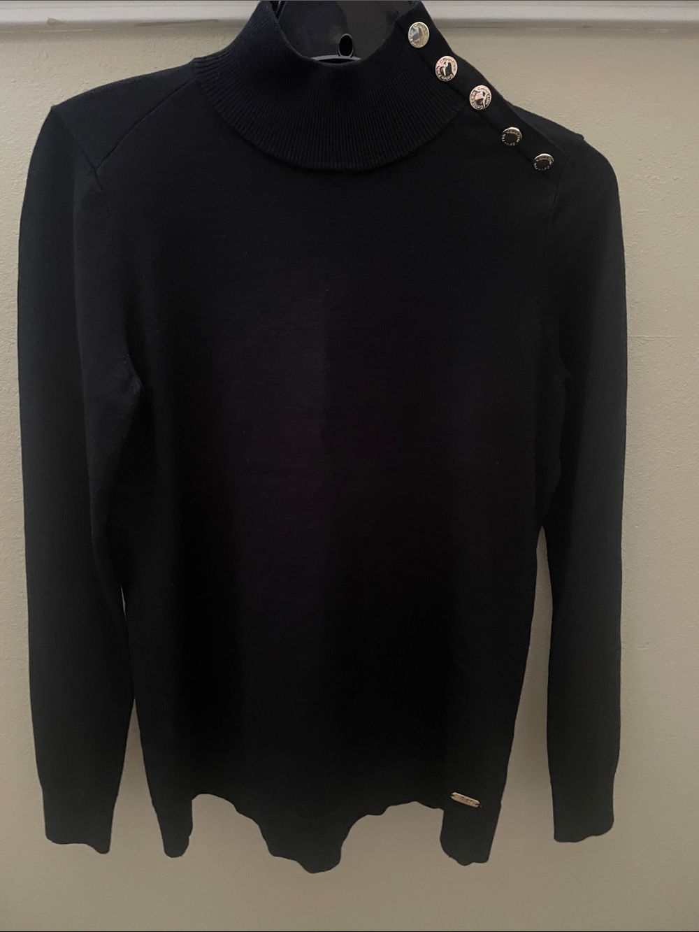 CALVIN KLEIN Black Turtleneck Shirt with Gold Shoulder Buttons